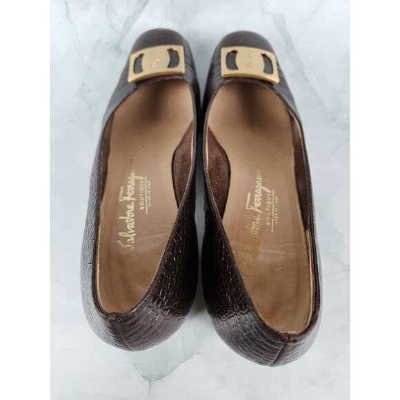 Vintage Salvatore Ferragamo Brown Snakeskin Leather Block Heel Pumps size 9 2A - Picture 6 of 10
